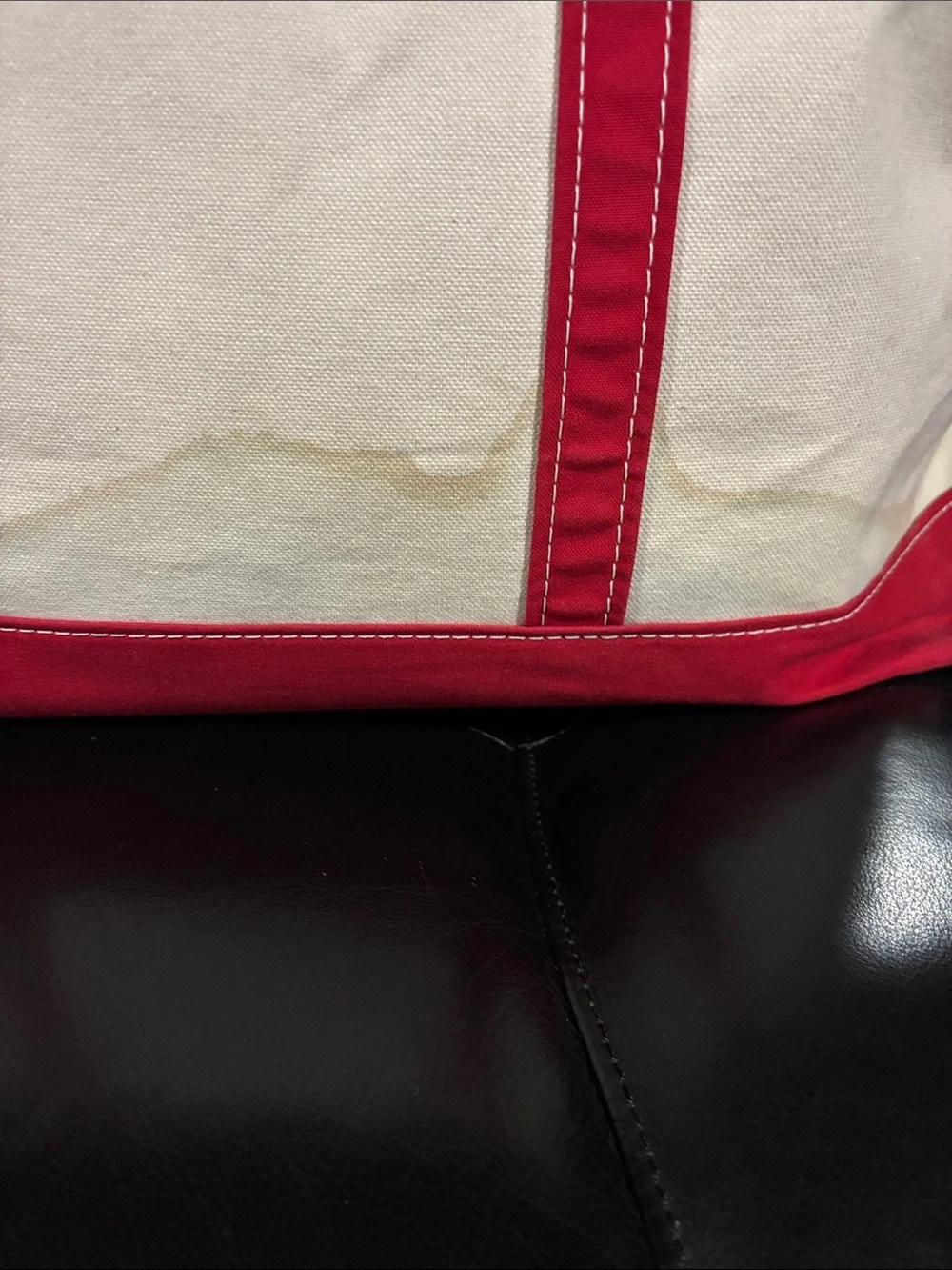 LL Bean Red & Cream Canvas Tote Bag with Leather Handles
